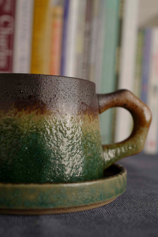 Handmade Green and Brown Ceramic Cup and Saucer Set – Rustic Texture Glazed Stoneware Mug – Wabi-Sabi Japanese Pottery Gift 310ml