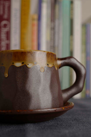 Handmade Raku Yaki Mug with Saucer: Rustic Stoneware Coffee Cup