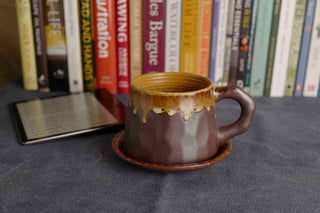 Handmade Raku Yaki Mug with Saucer: Rustic Stoneware Coffee Cup