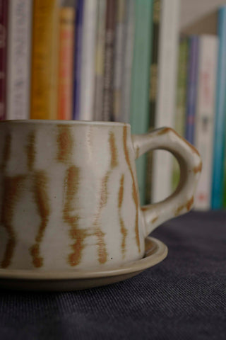 Handmade Raku Yaki Mug with Saucer: Japandi Coffee Tea Cup