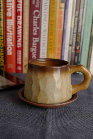 Handmade Raku Yaki Mug with Saucer: Japandi Coffee Cup