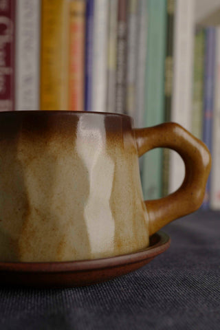 Handmade Raku Yaki Mug with Saucer: Japandi Coffee Cup