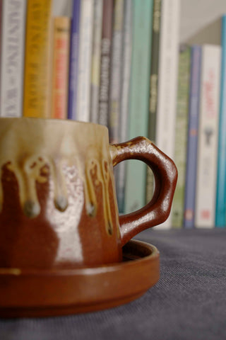 Handmade Raku Yaki Mug with Saucer: Wabi-Sabi Rustic Coffee Cup