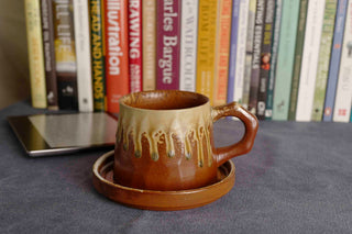 Handmade Raku Yaki Mug with Saucer: Wabi-Sabi Rustic Coffee Cup