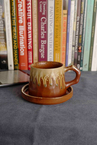 Handmade Raku Yaki Mug with Saucer: Wabi-Sabi Rustic Coffee Cup
